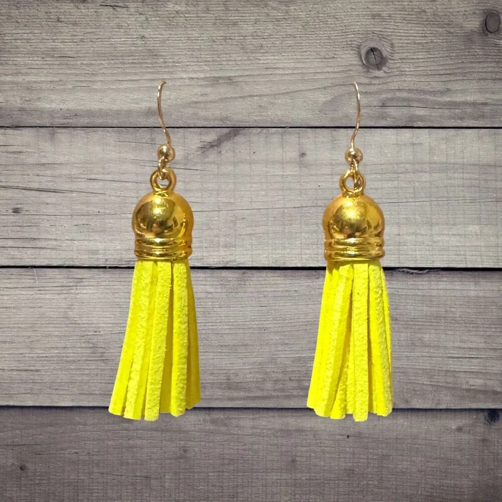 Lemon Yellow Suede Earrings, 10kt Gold Hypoallergenic Dangle Item #2264